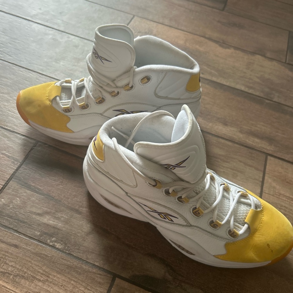 Reebok Question Mid Yellow Toe White and Yellow Athletic Sneakers